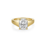 A yellow gold solitaire engagement ring featuring a cushion-cut diamond center stone in a four-prong setting, shown on a clean white background. Elongated cushion is 2.55 ct and radiant cut. 
