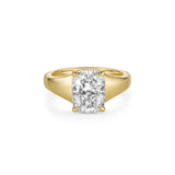 A yellow gold solitaire engagement ring featuring a cushion-cut diamond center stone in a four-prong setting, shown on a clean white background. Elongated cushion is 2.55 ct and radiant cut. 