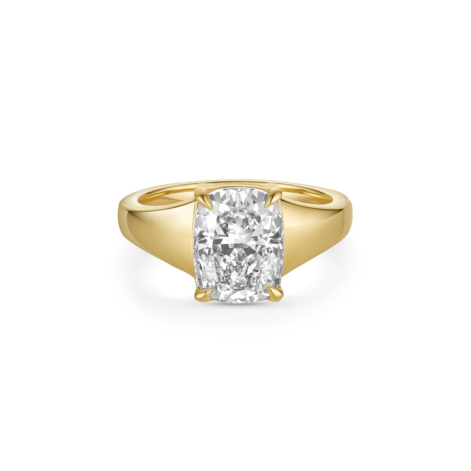 A yellow gold solitaire engagement ring featuring a cushion-cut diamond center stone in a four-prong setting, shown on a clean white background. Elongated cushion is 2.55 ct and radiant cut. 