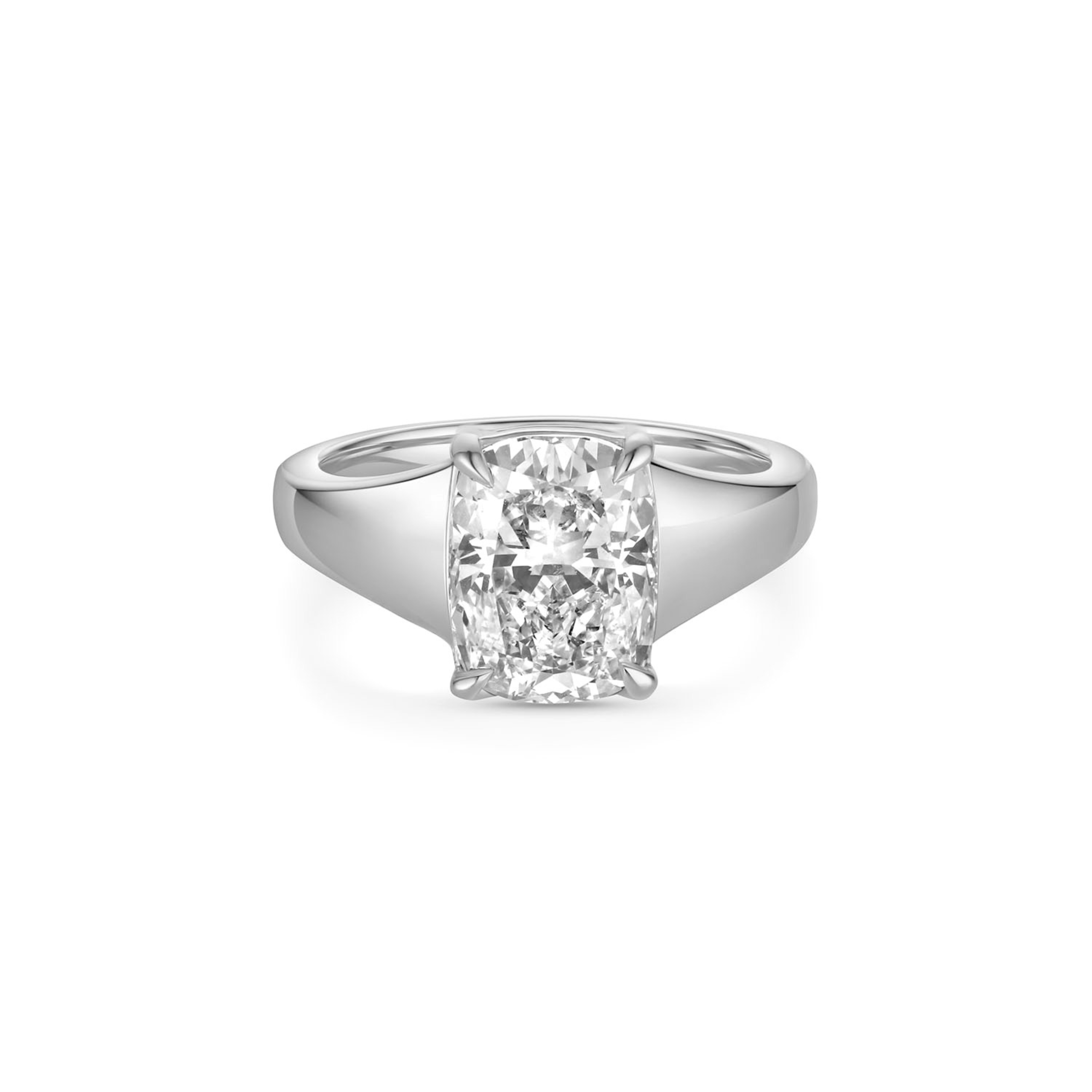 An radiant cut diamond engagement ring in a polished silver-colored metal band, centered on a clean white background. The thick white gold band tapers down from the center stone to the back of the ring.