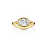 14k yellow gold ring that has a band that drips down in the front to curve around the bezel set 1ct oval diamond for an organic look.