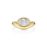 14k yellow gold ring that has a band that drips down in the front to curve around the bezel set 1ct oval diamond for an organic look.