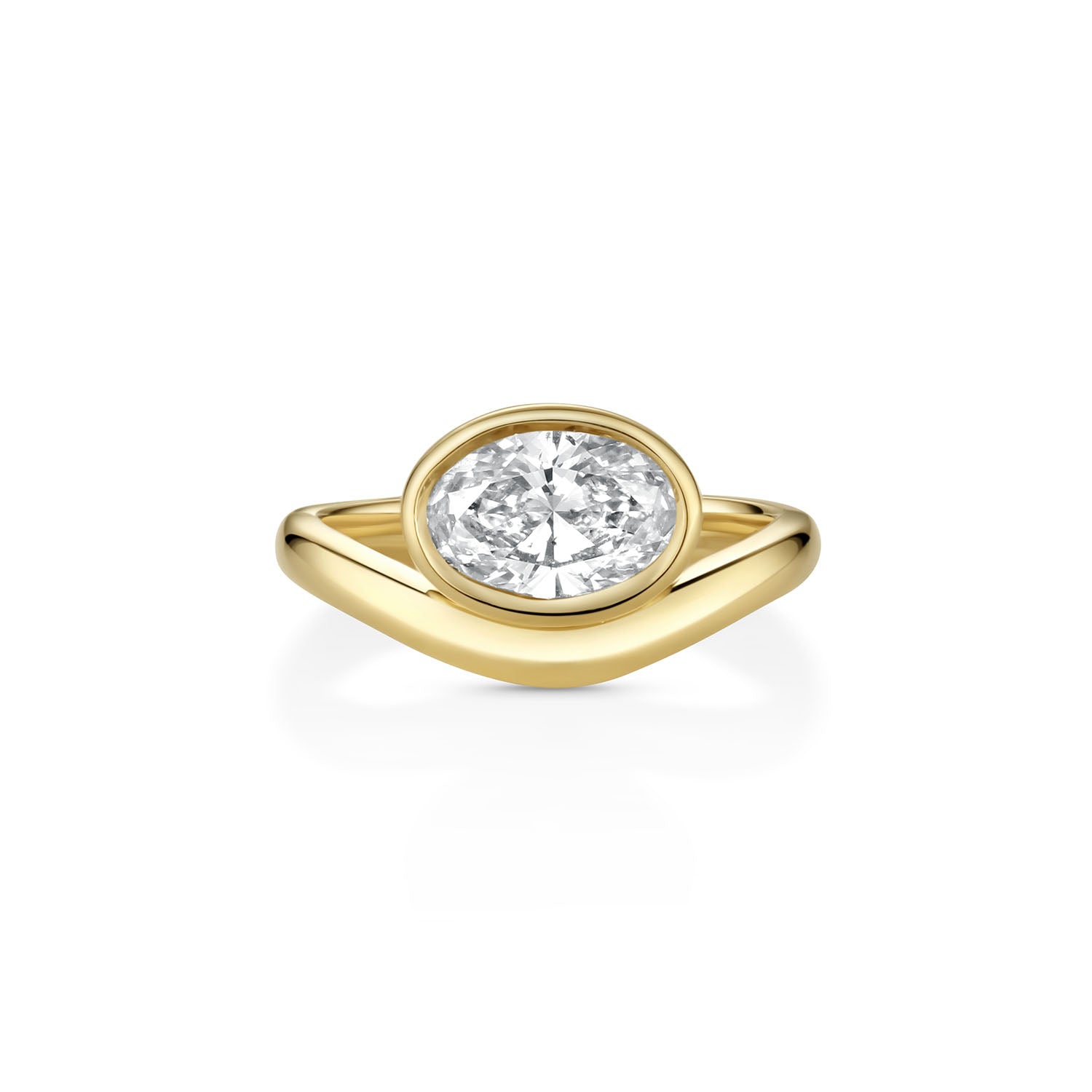 14k yellow gold ring that has a band that drips down in the front to curve around the bezel set 1ct oval diamond for an organic look.