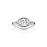 14k white gold ring that has a band that drips down in the front to curve around the bezel set 1ct oval diamond for an organic look