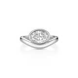 14k white gold ring that has a band that drips down in the front to curve around the bezel set 1ct oval diamond for an organic look