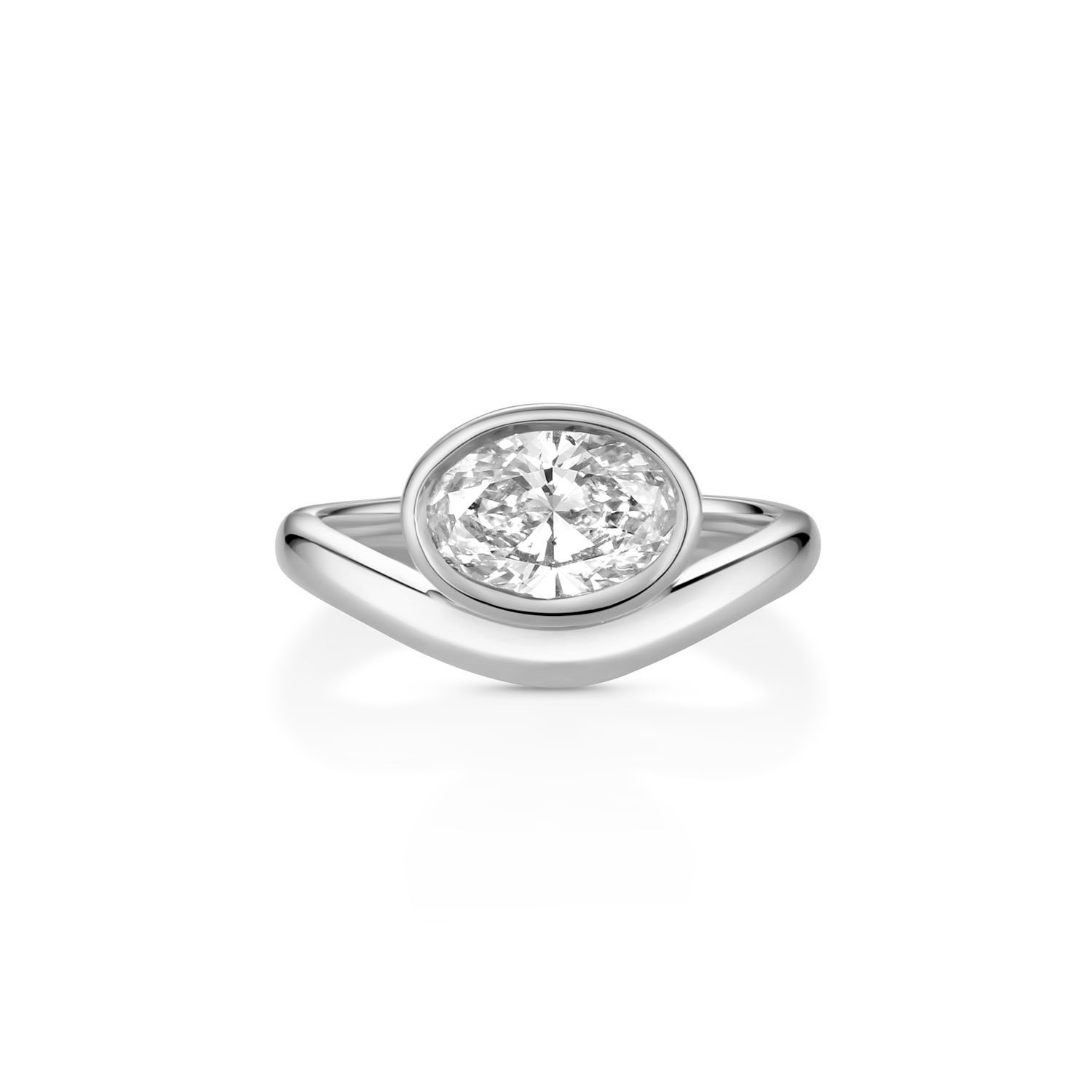 14k white gold ring that has a band that drips down in the front to curve around the bezel set 1ct oval diamond for an organic look