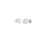 A pair of toi et moi style studs with a pear diamond tilted towards an oval diamond. Bezel set in 14k white gold.